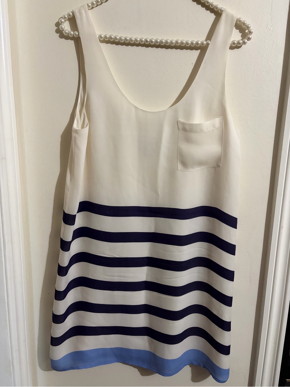 Joie Cream Tank Dress with Navy Stripes and Light Blue Hem